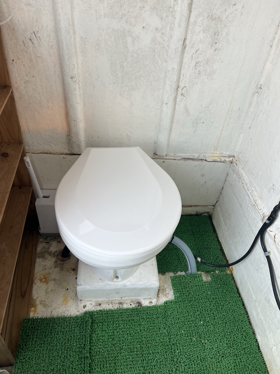 船内の洋式トイレ。ふたを閉じた状態で、床に緑のマットが敷いてある