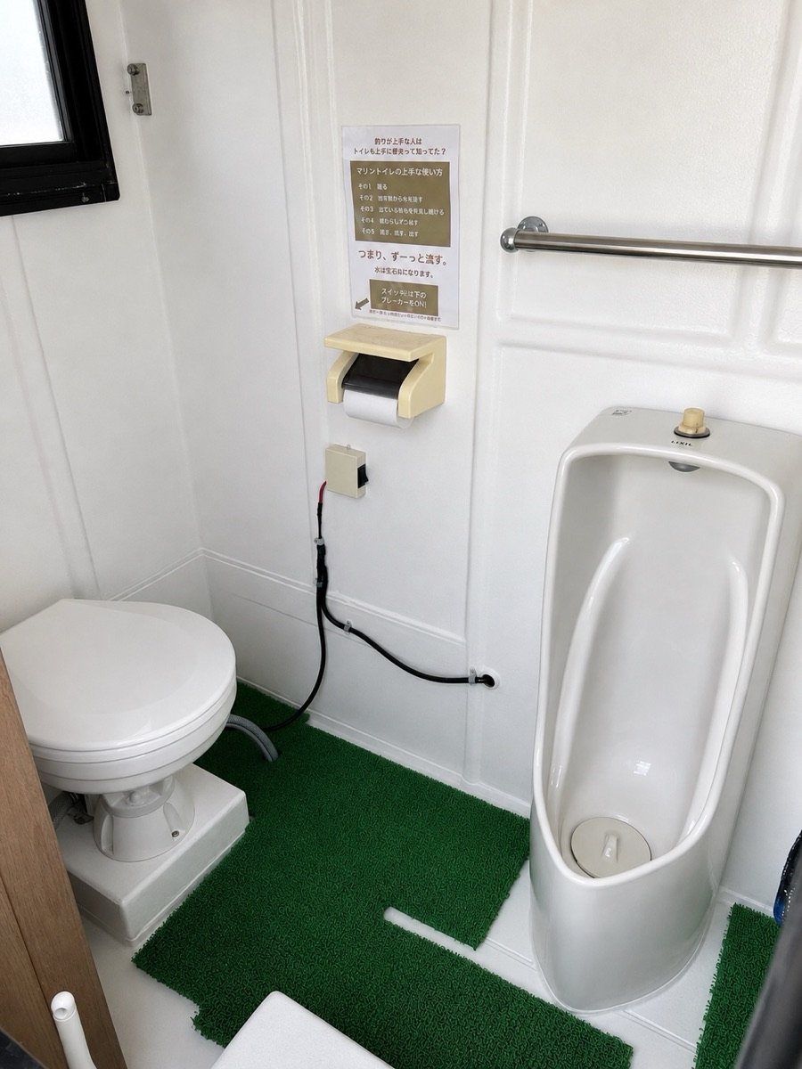 船内の個室トイレ。左側に洋式トイレ、右側に男性用トイレがあり、床に緑のマットが敷いてある