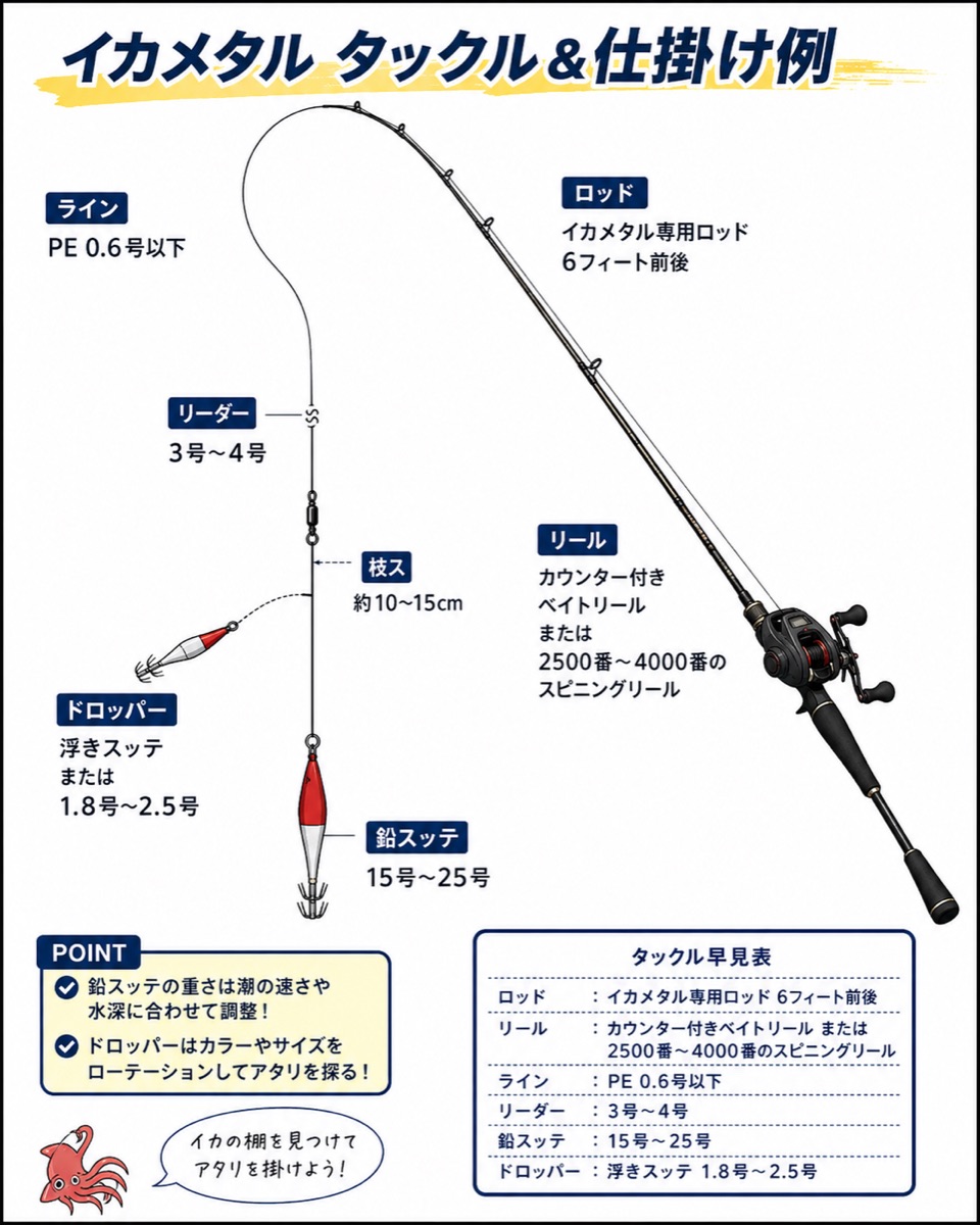 イカメタルのタックルと仕掛け例。ロッドは専用ロッド6フィート前後、リールはカウンター付きベイトリールまたは2500番から4000番のスピニングリール、ラインはPE0.6号以下、リーダーは3号から4号、鉛スッテは15号から25号、ドロッパーは浮きスッテ1.8号から2.5号