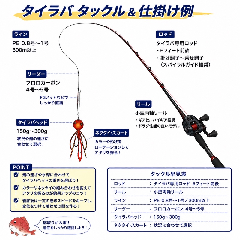 タイラバのタックルと仕掛け例。ロッドは専用ロッド6フィート前後、リールは小型両軸リール、ラインはPE0.8号から1号を300メートル以上、リーダーはフロロカーボン4号から5号、タイラバヘッドは150グラムから300グラム、ネクタイとスカートは状況に合わせて選ぶ