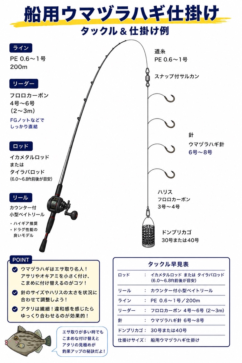 船用ウマヅラハギのタックルと仕掛け例。ロッドはイカメタルロッドまたはタイラバロッド、リールはカウンター付き小型ベイトリール、ラインはPE0.6号から1号を200メートル、リーダーはフロロカーボン4号から6号を2メートルから3メートル、ウマヅラハギ針は6号から8号、ハリスはフロロカーボン3号から4号、ドンブリカゴは30号または40号