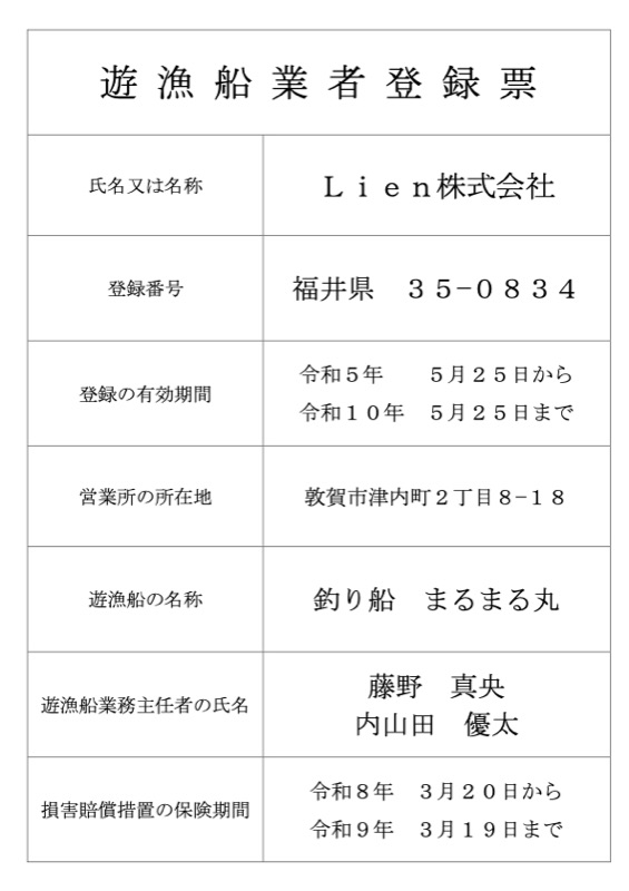 Lien株式会社の遊漁船業者登録票。登録番号 福井県 35-0834